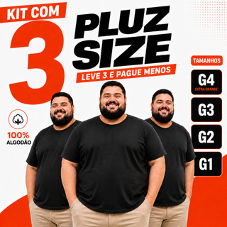 Kit 3 Camiseta Plus Size Masculina 100% Algodão Lisa Básica G1 ao G4,  Camisa Blusa