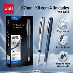 Kit 4 Canetas de Óleo com Tampa Deli Escritório Clip Metálico Ponta Redonda 0,7mm Azul
