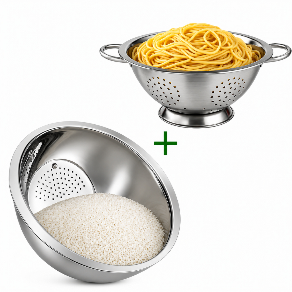 Kit Escorredor de Massas + Escorredor de Arroz Verduras Legumes em Aço Inox 