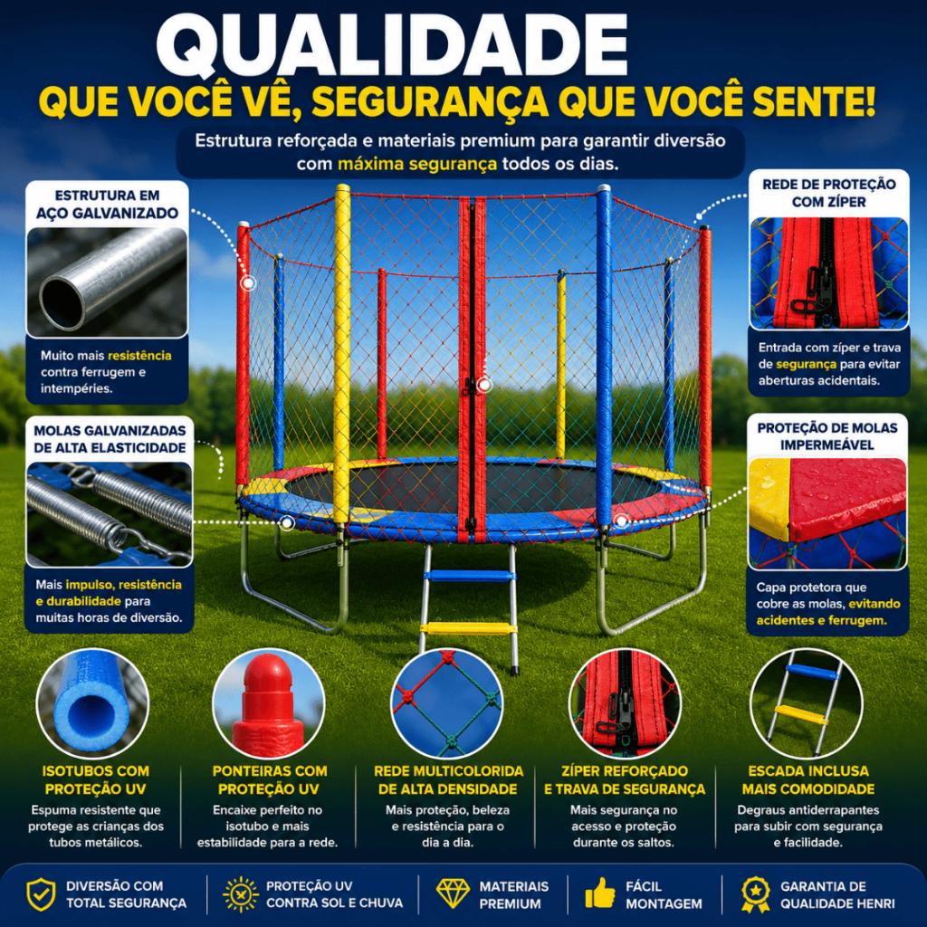 Cama Elástica Pula Pula Henri Trampolim 2,44m Completa Rede Proteção Escada Infantil Premium 140kg — imagem 2 de 2