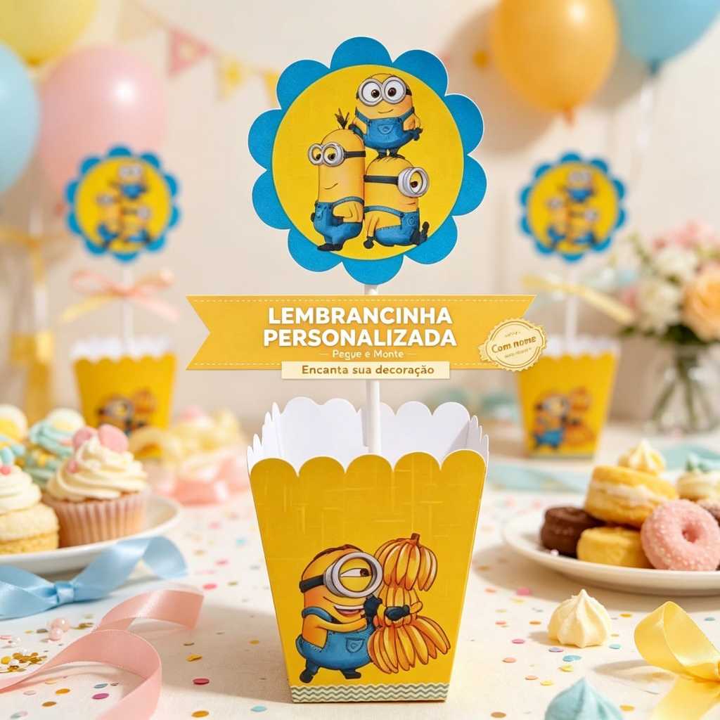 Centro de Mesa Cachepô Personalizado Minions Festa Infantil, Lembrancinha Criativa, PEGUE E MONTE