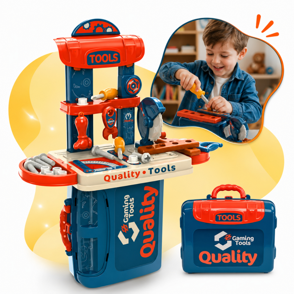 Maleta de Ferramentas Brinquedo Infantil Oficina Engenheiro Bancada Kit Ferramentas com Acessórios