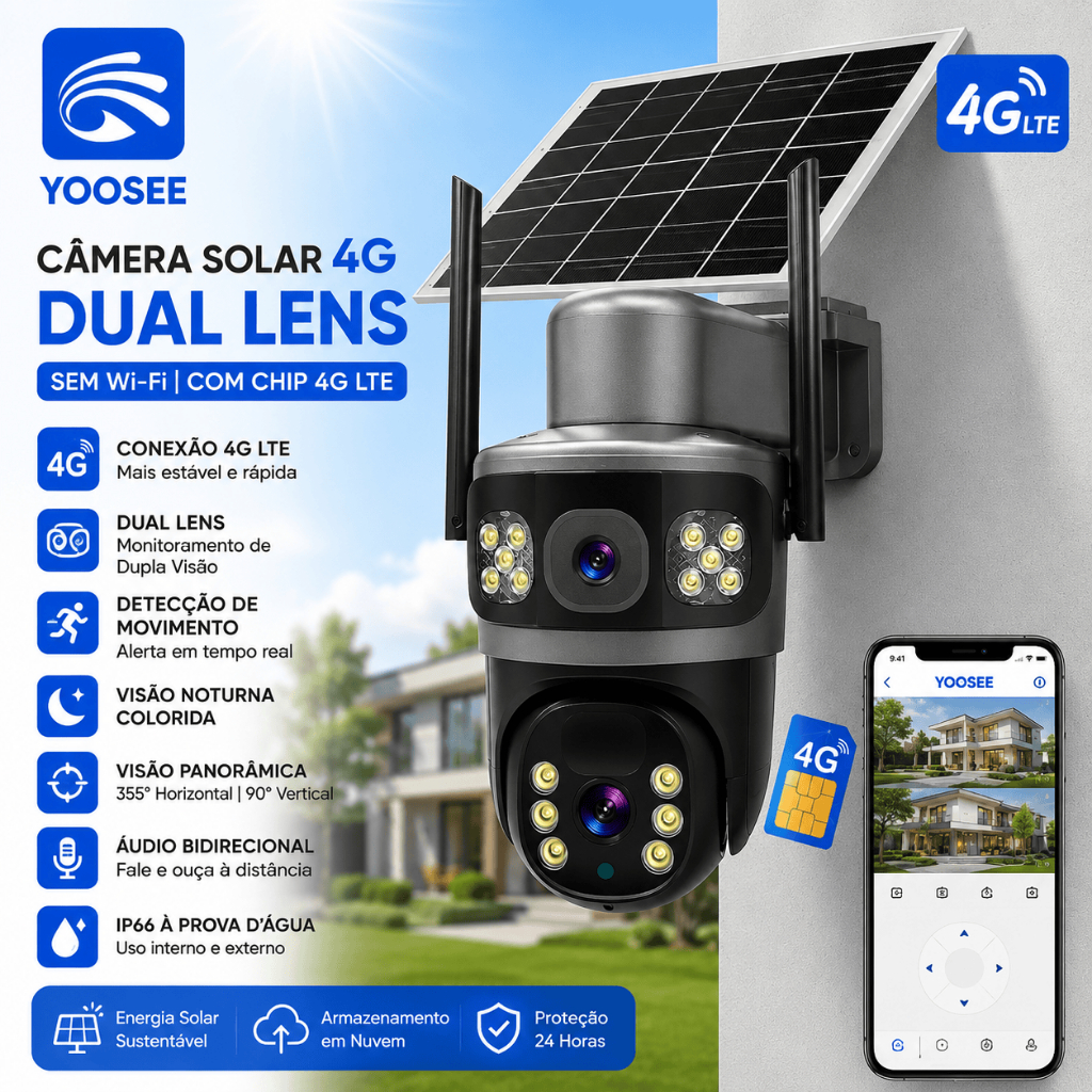 Câmera Segurança Solar 4G Full HD Chip  Bateria Longa Duração Lente Dupla Yoosee