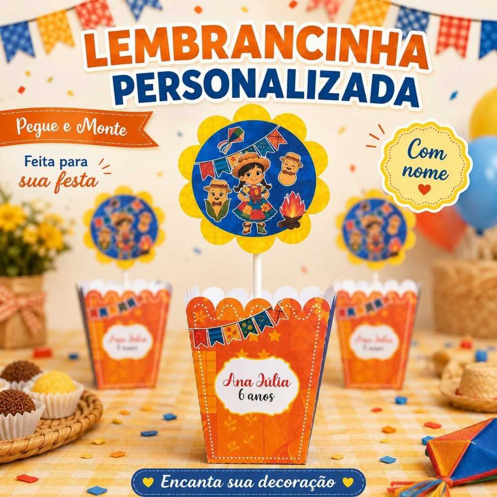 Centro de Mesa Cachepô Personalizado Festa Junina Menina Festa Infantil, Lembrancinha Criativa, PEGUE E MONTE