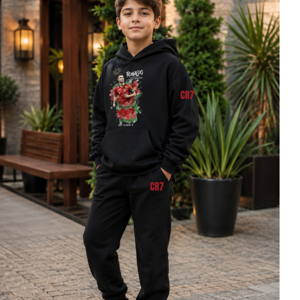 Conjunto Infantil Masculino Moletom Flanelado Casual Esportivo Capuz e Calça Preto Estilo CR7 Inverno 2 ao 16