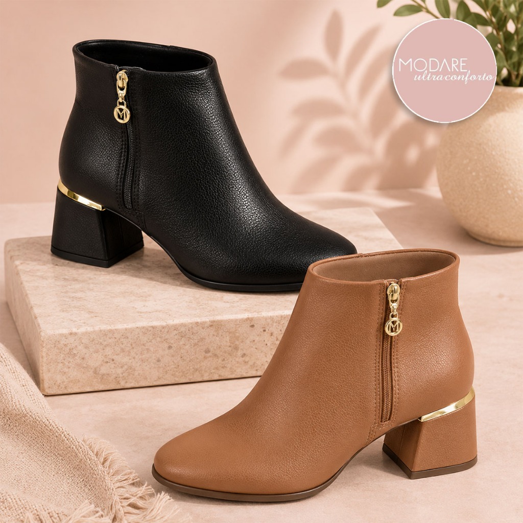 Bota Salto Médio Bloco Modare UltraConforto Feminina Cano Curto Salto Metal Clássica - 7082.101