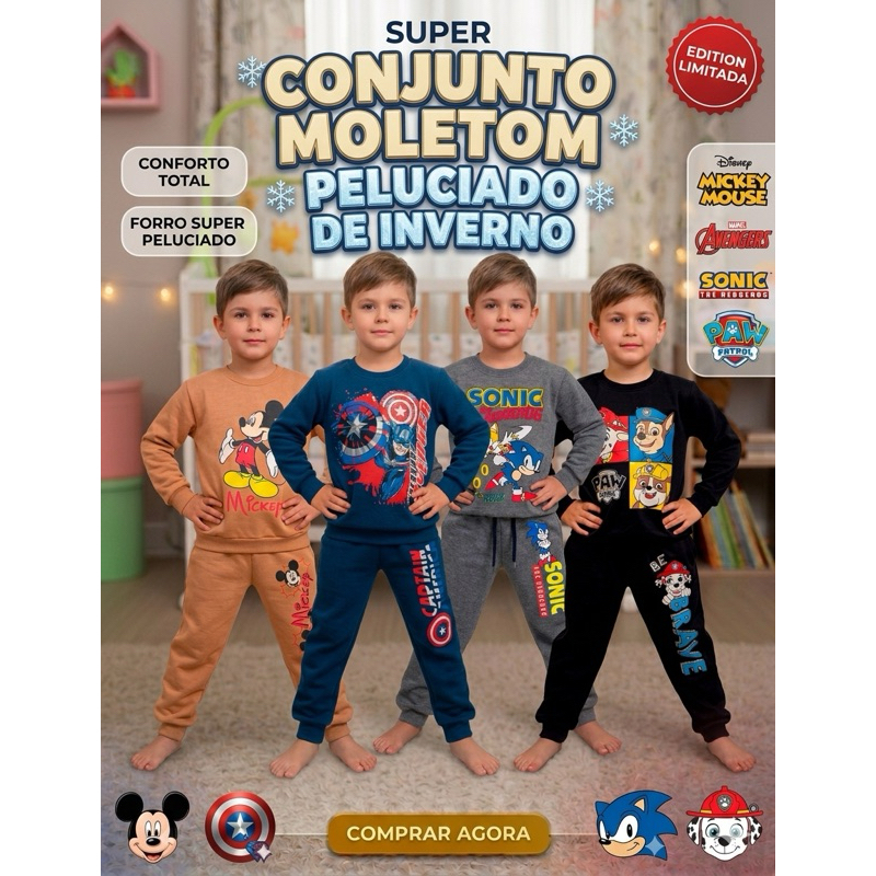 Conjunto Moletom Infantil Peluciado Flanelado Inverno Casaco e Calça Super Heróis 100% Algodão