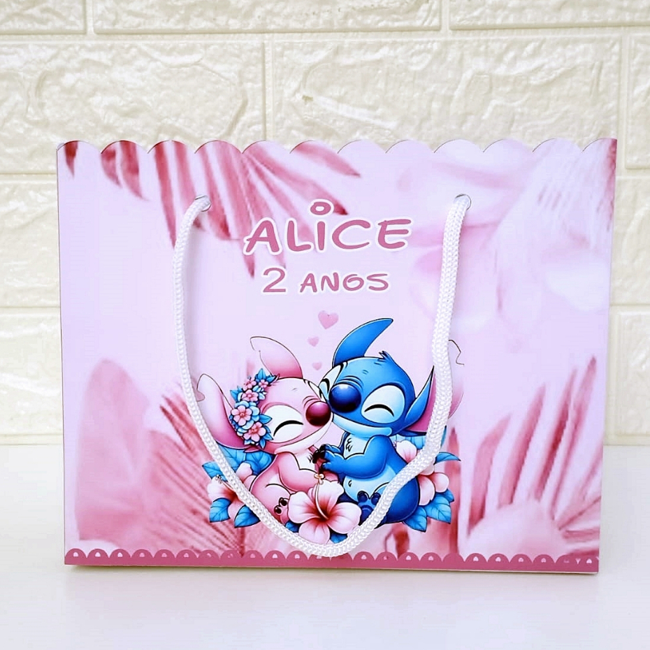 Sacolinha Personalizada Stitch e Angel Rosa | Lembrancinhas | Sacolinha aniversario | Festa Infantil | Kit Aniversario