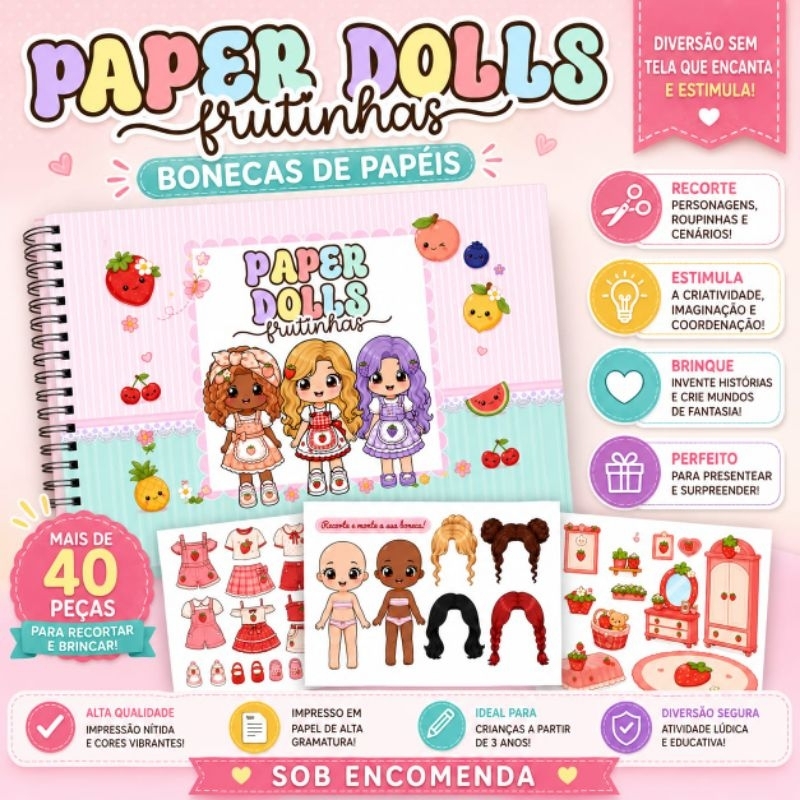 ENVI9 RÁPIDO - Livro Paper Dolls Frutinhas | Livro de Bonecas para Recortar e Vestir | Capa Dura A5