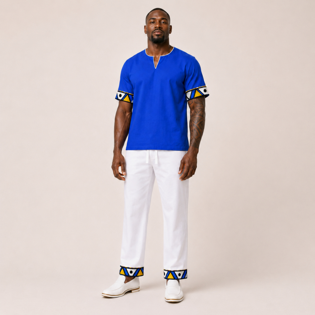 Conjunto Masculino Roupa de Ração Umbanda Candomblé Oxford Premium Detalhe Estampado Luxo Entre Meio
