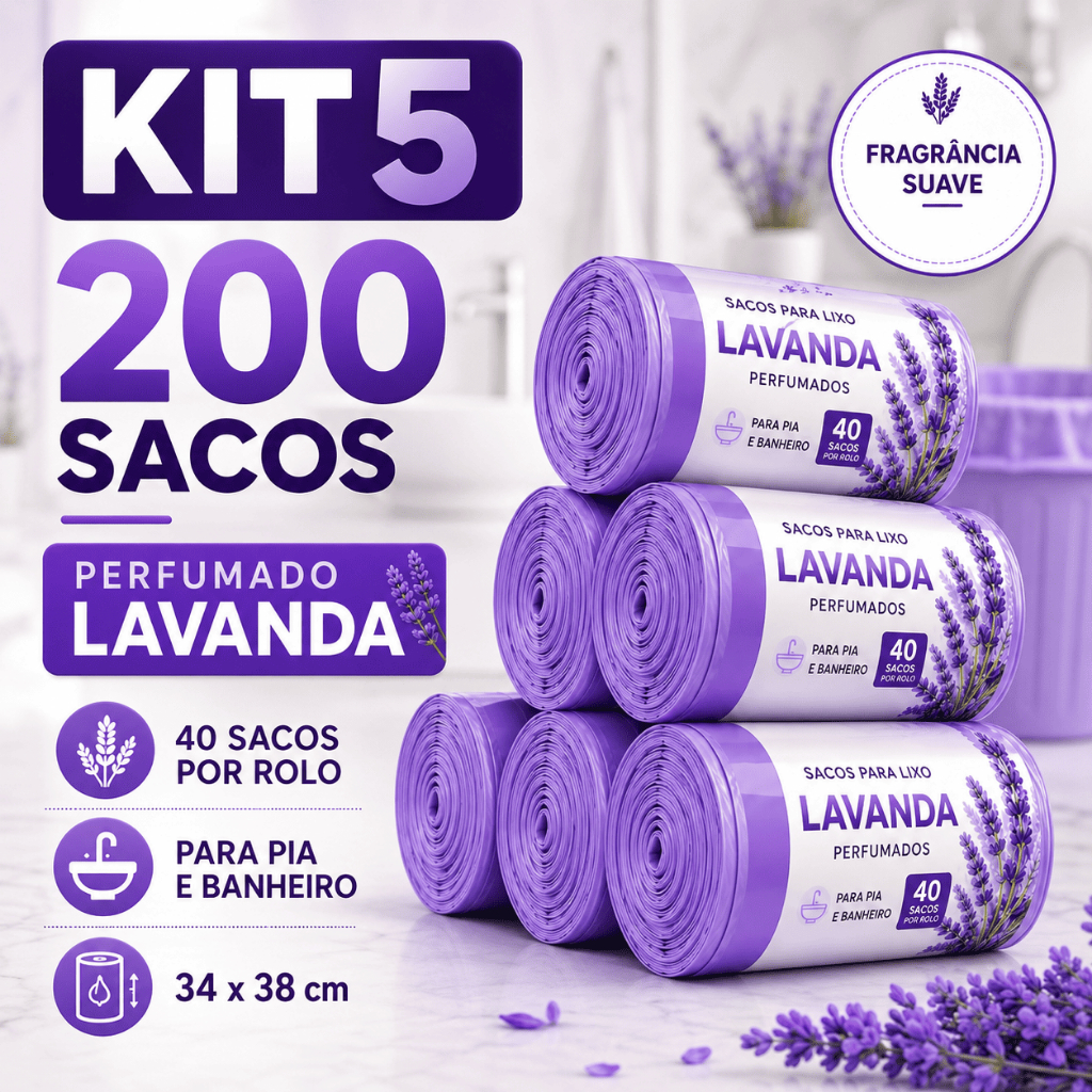 Kit 5 Rolos Saco de Lixo Sacos Para Lixo Lavanda 10L 200 Un Perfumado Pia Banheiro Lixeira 34x38cm