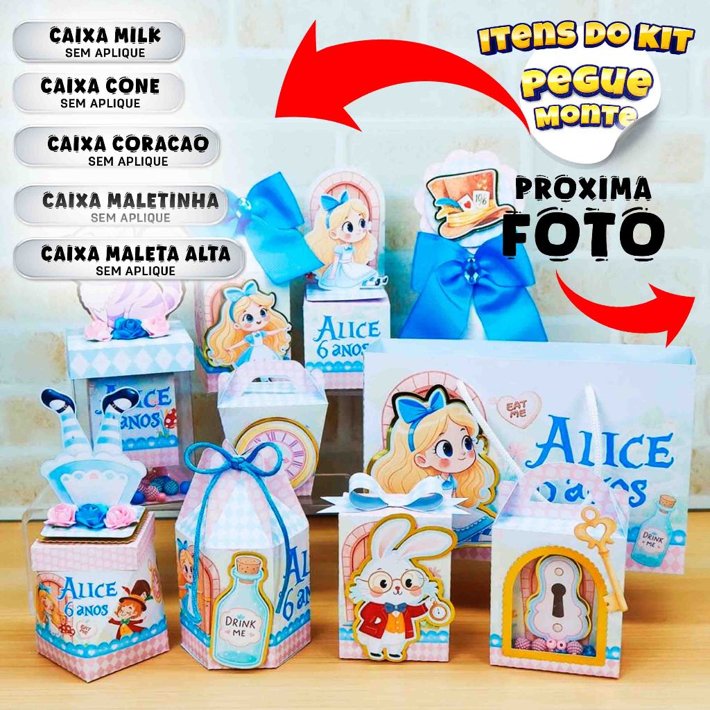 KIT Caixinha ALICE NO PAIS DA MARAVILHAS - Caixinhas para decoração e lembrancinha de aniversário - PEGUE E MONTE