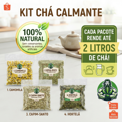 Imagem Kit 4 Chás Calmantes Premium: Camomila, Erva-Doce, Capim-Santo e Hortelã
