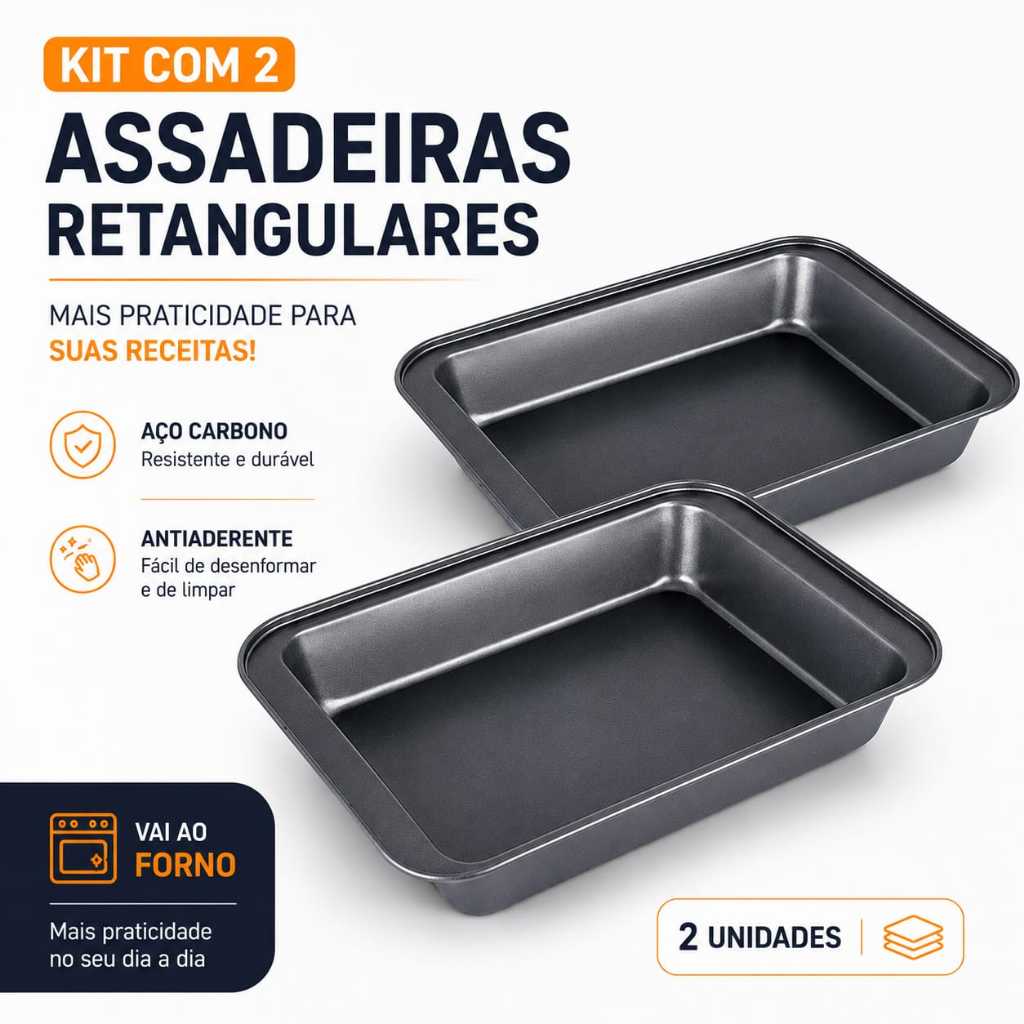Kit Com 2 Formas 37 Cm Retangular Assadeira Para Bolo Aco Carbono Não Gruda Forma Bolo 37 Cm