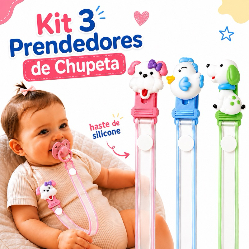 Kit 3 Prendedores de Chupeta Silicone Bebê Menino Menina BPA Free