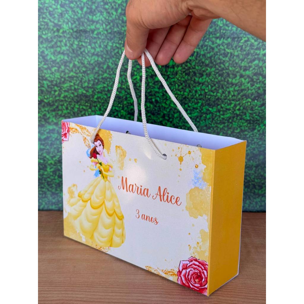 Sacolinha Surpresa G Princesa Bela e a Fera Personalizada com nome Festa Infantil Chá Aniversário Lembrancinhas
