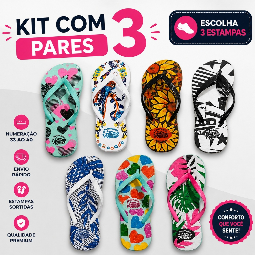 Kit 3 Pares Chinelo Feminino Estampado Macio Confortável Antiderrapante