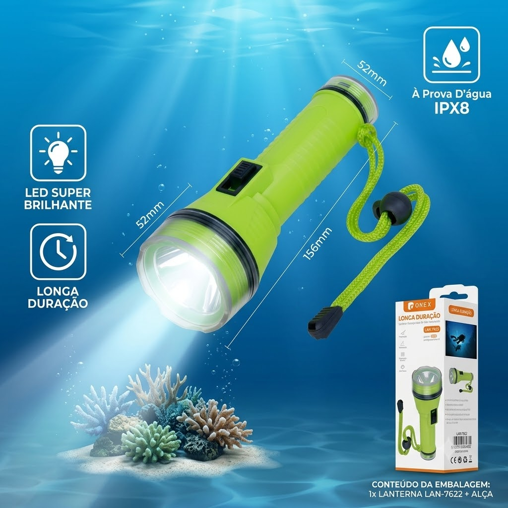 Kit 2 Lanterna De Mergulho ONEX Led Forte Recarregável Tipo-C Ipx8 À Prova Dágua Pesca Camping Caça