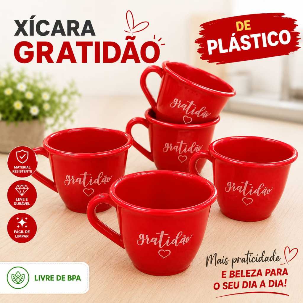 KIT 20 XICARAS PARA CAFÉ 70ML ESTAMPADAS VERMELHA (GRATIDÃO) ACRÍLICO CHÁ