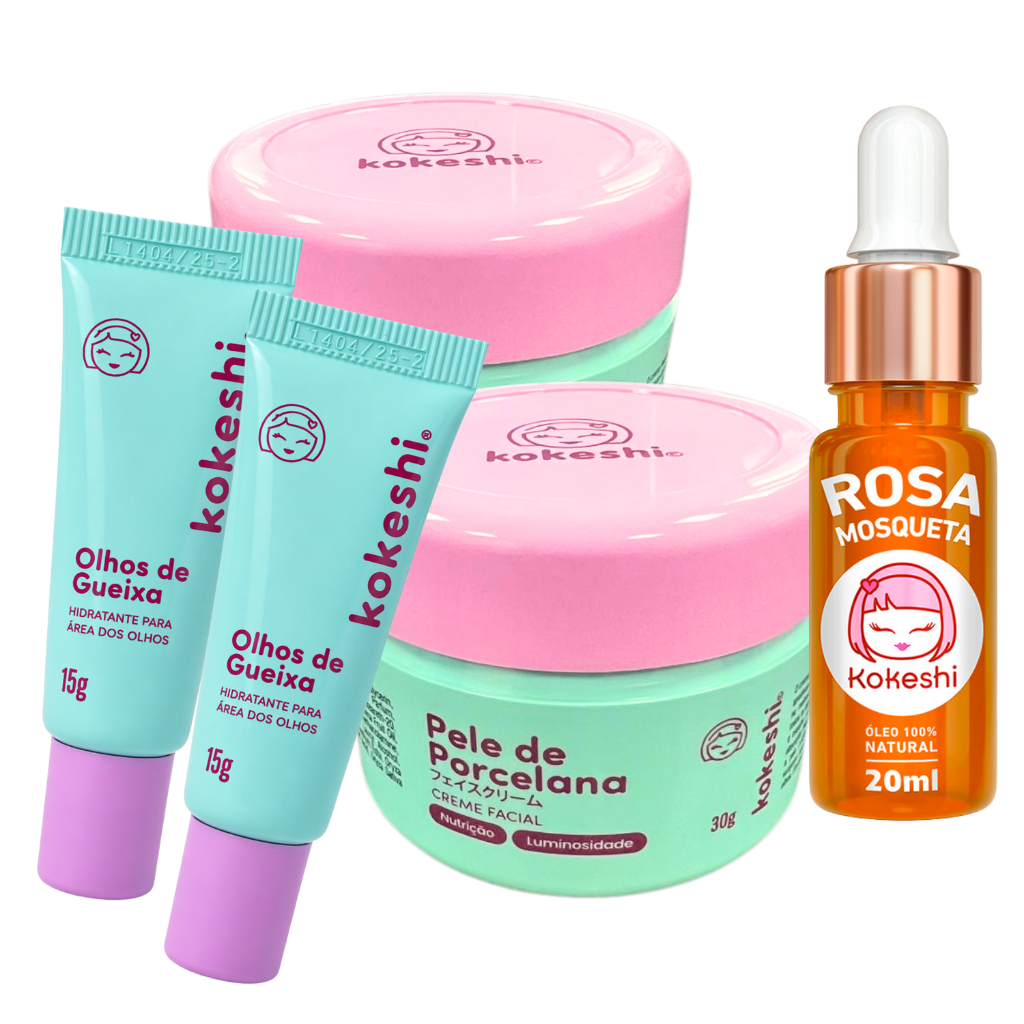 Kit Kokeshi Renovadores Faciais + Óleo de Rosa Mosqueta Super Kit Pele de Porcelana Vidro