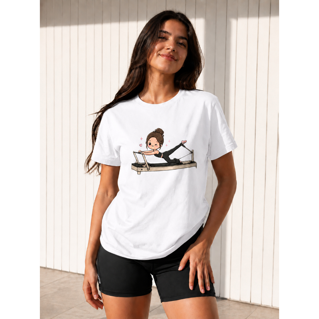 Camiseta Feminina Pilates 100% Algodão Estampa Fofa Casual Fitness Premium
