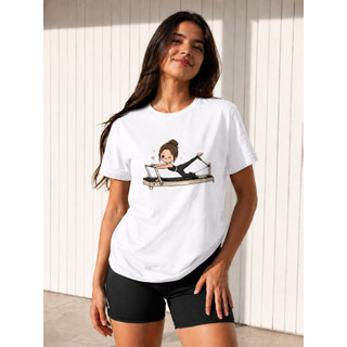 Camiseta Feminina Pilates 100% Algodão Estampa Fofa Casual Fitness Premium