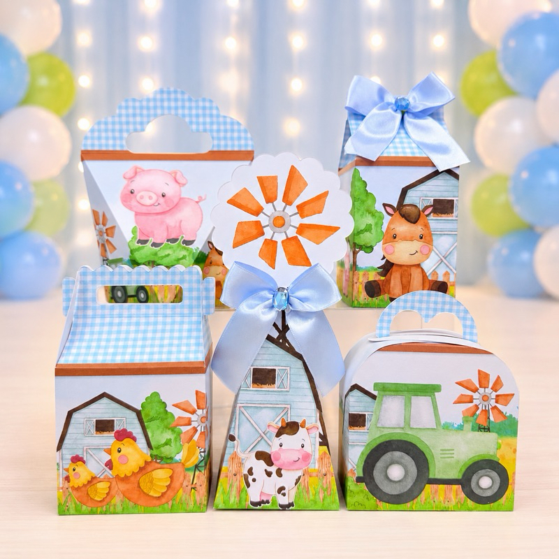 Kit Festa Fazendinha Azul Menino Caixinhas para festa infantis lembrancinhas de aniversario mimos decoração personalizad