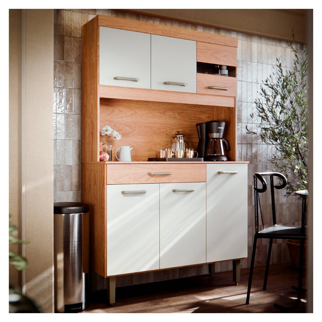 Armario de Cozinha Compacta Carla 6 Portas e Gaveta Com Detalhe em Vidro Completa Pé Ajustável Carla