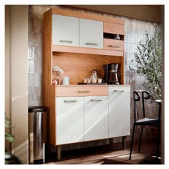 Armario de Cozinha Compacta Carla 6 Portas e Gaveta Com Detalhe em Vidro Completa Pé Ajustável Carla