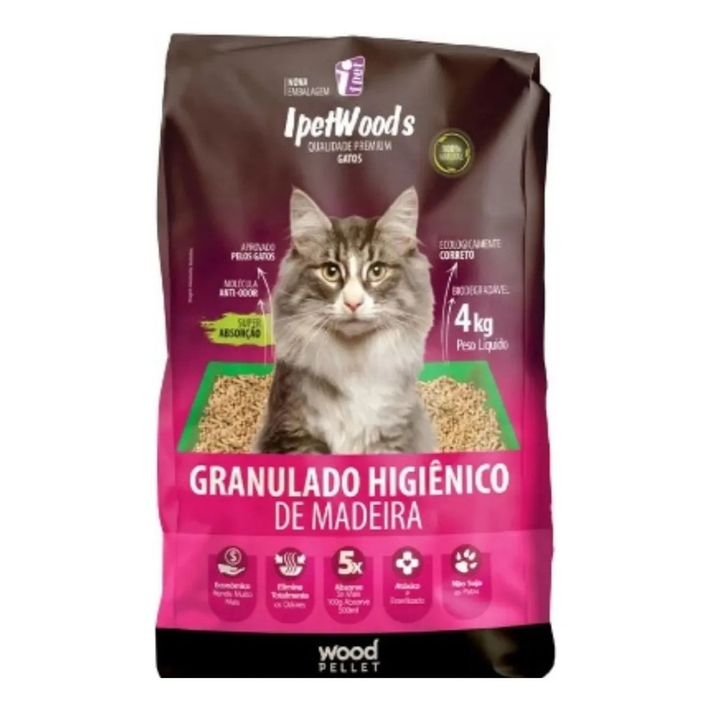 Areia Sanitária Granulado Higiênico de Madeira Ipet Woods para Gatos 4kg Pinus Biodegradável Econômico