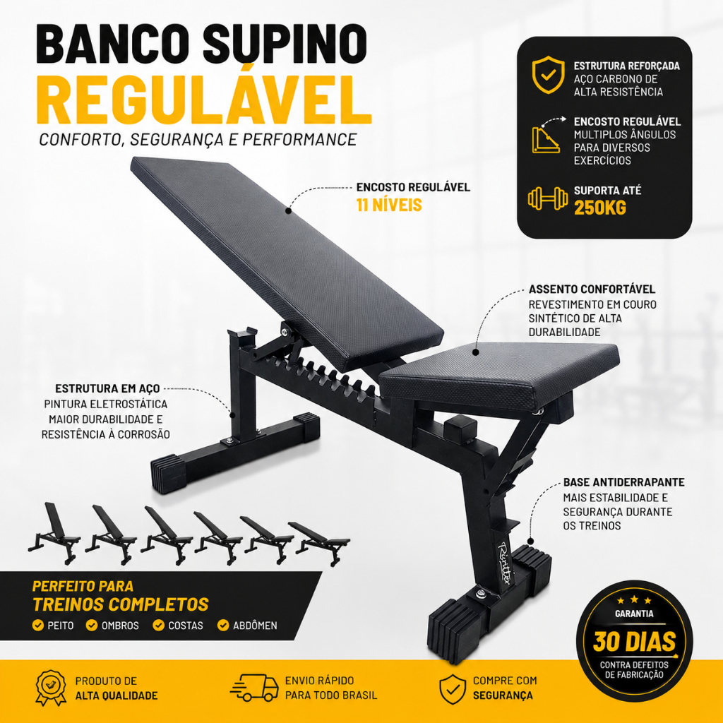 Banco Supino Rúntter Ajustável 300kg 11 Posições Preto