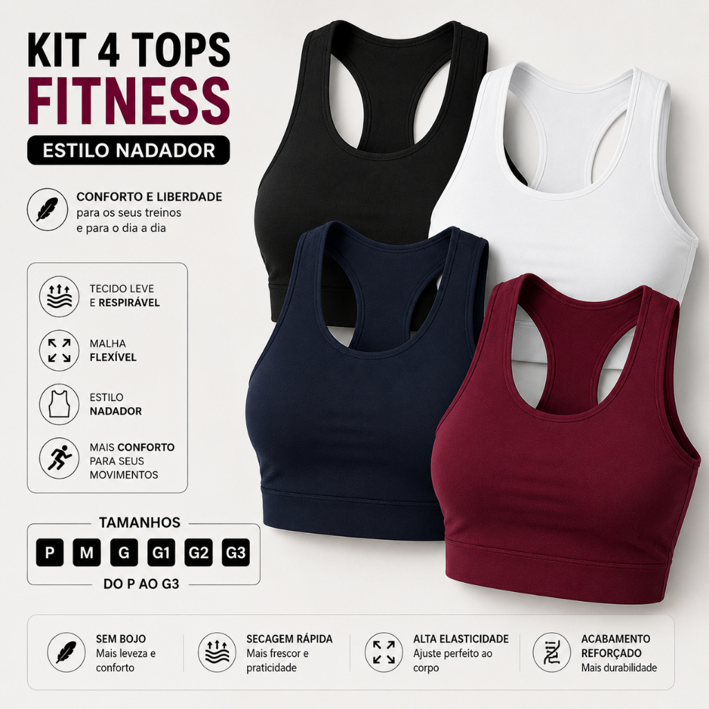 Kit 4 Top Feminino Fitness Plus Size Moda Academia Confortável Alça Grossa Sem Bojo