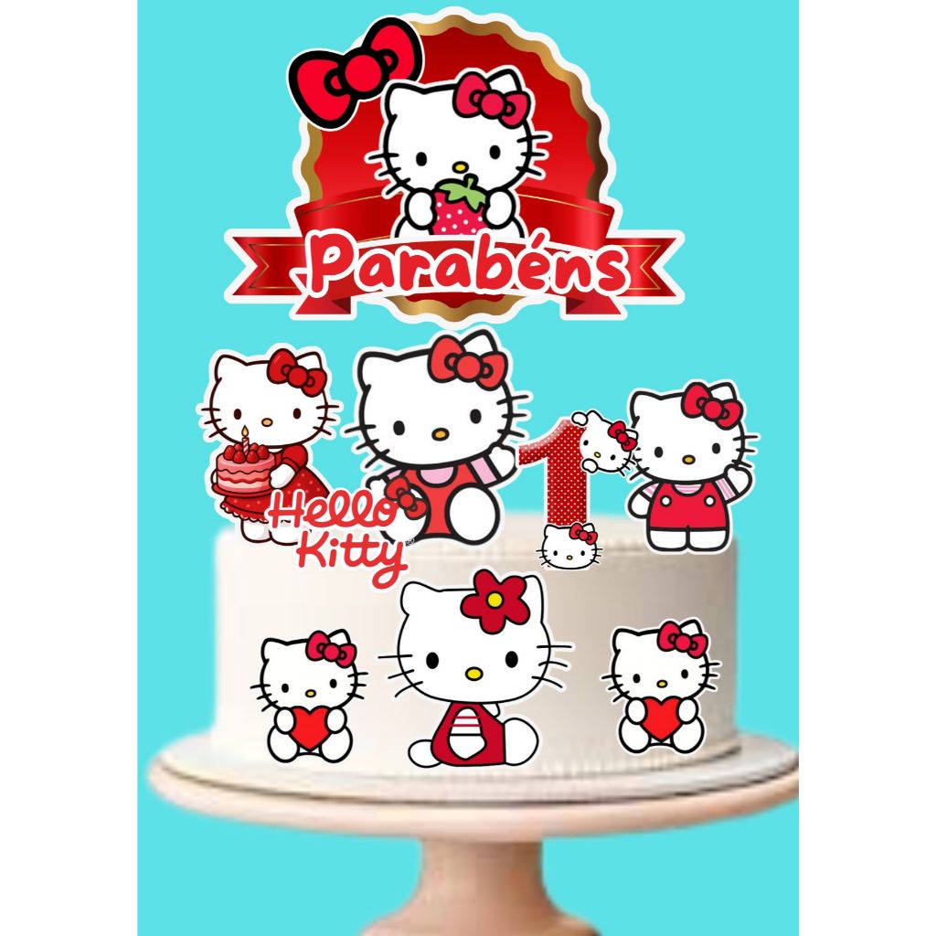 TOPO DE BOLO -PERSONALIZADO-ANIVERSÁRIO-MÊSVERSÁRIO-- INFANTIL- HELLO KIT VERMELHA -ENVIO RÁPIDO