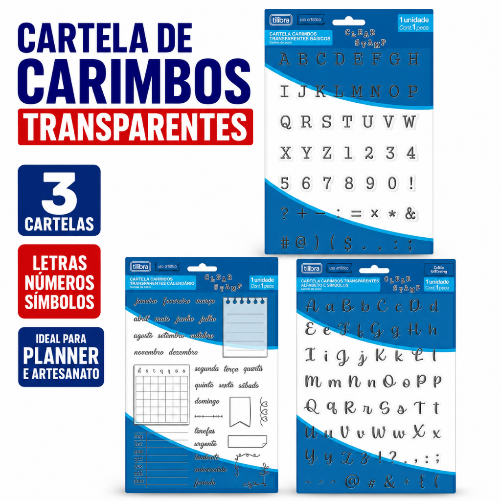 Cartela de Carimbos Transparentes Tilibra Letras Números e Símbolos para Planner e Artesanato