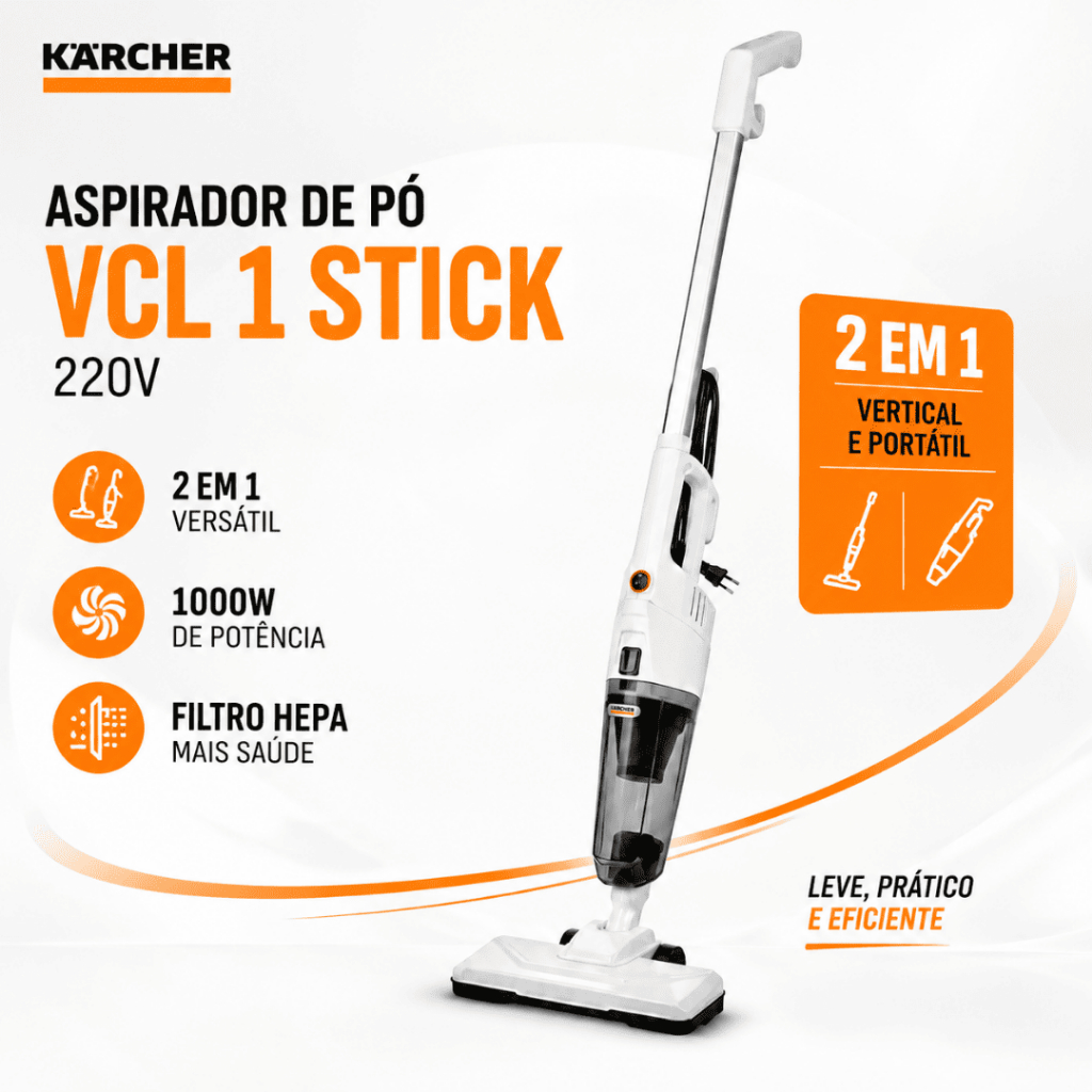 Aspirador de Pó Vertical Kärcher VCL 1 Stick 2 em 1 1000W Filtro HEPA 220V