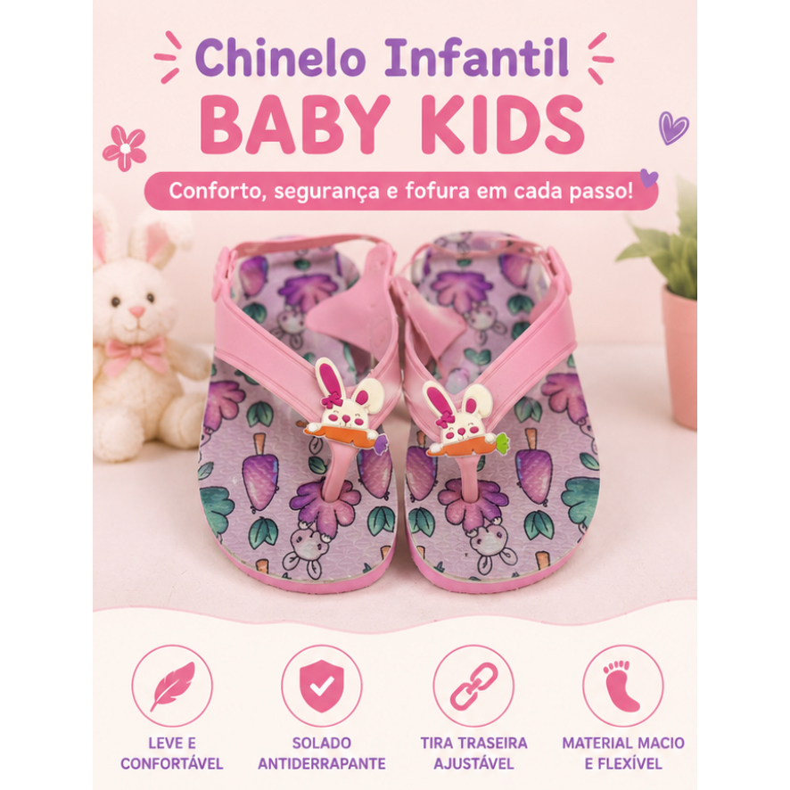 Chinelo Infantil Baby Kids Feminino Rosa Antiderrapante Confortável com Fecho Ajustável Bebê 17 ao 24 menina princesa