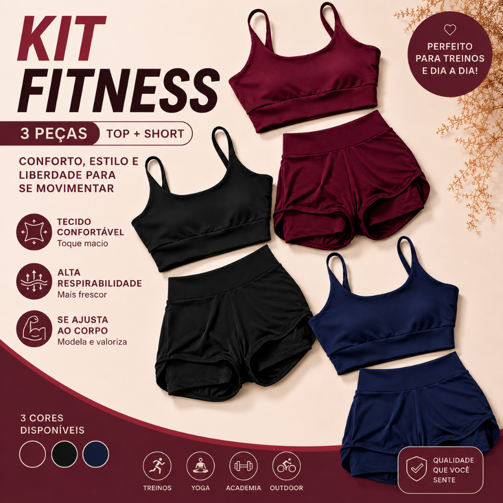 KIT 3 Conjuntos de Academia Feminino Short Duplo Dryfit Premium  Cintura Alta Levanta Bumbum