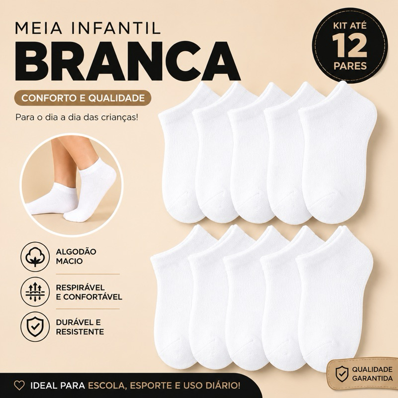 KIT De 3 Até 12 Pares De Meias Infantil Branca Algodão