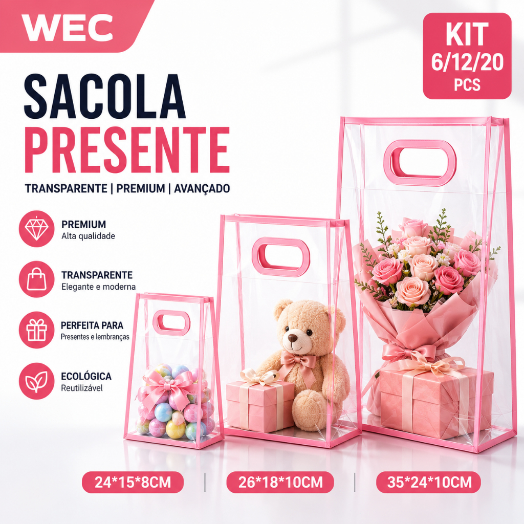 Kit 6/12/20 Sacolas de Presente Reutilizáveis ​​de PVC para Casamentos Festas e Eventos Vários Tamanhos