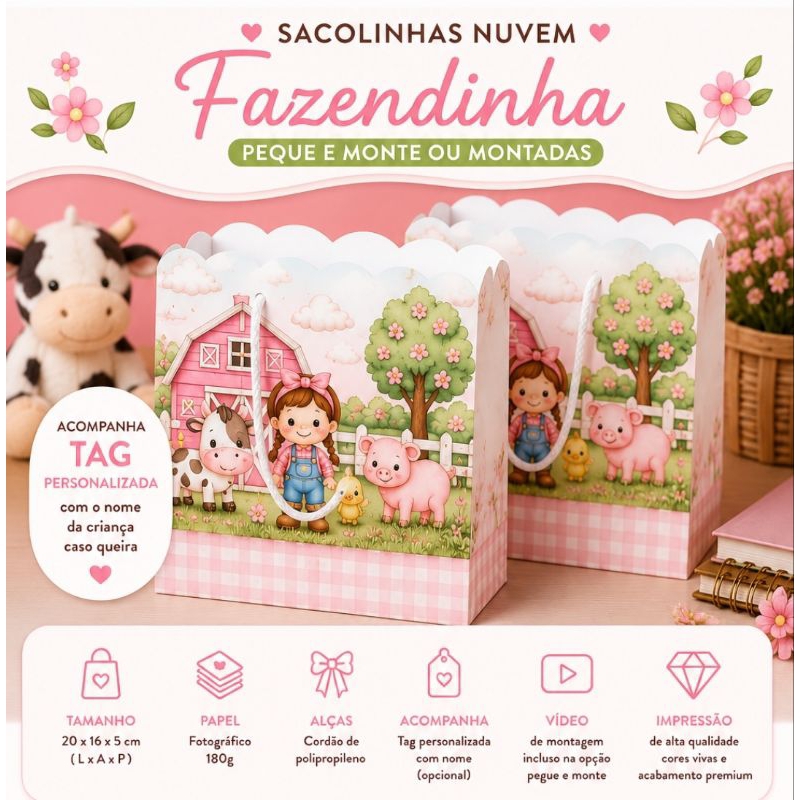Sacolinha Personalizada / Fazendinha Menina| Lembrancinha Festa Infantil |, Decoração Fazendinha,