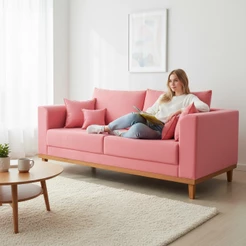 Sofá 3 Lugares Retro Sala de Estar Beny Suede Rosa Madeira Estofados