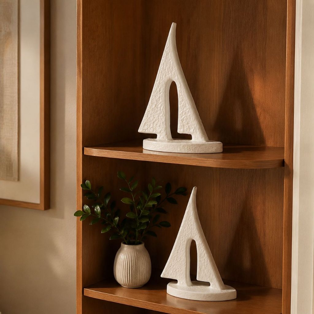 Kit 2 Esculturas Decorativas em Cerâmica Barco Vela Nórdica Off White Mesa Aparador
