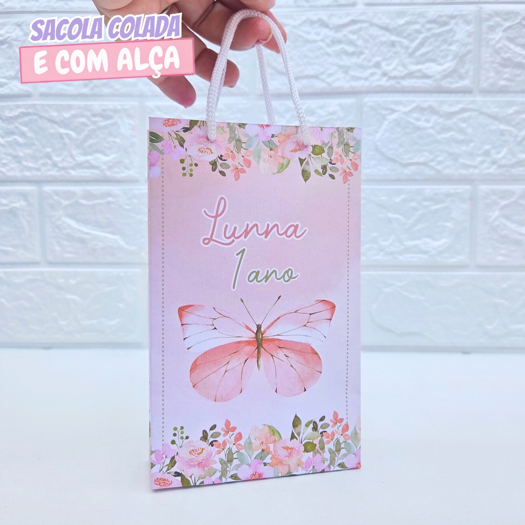 Sacolinha Personalizada Borboleta Salmão P | Sacolinha Surpresa | Lembrancinha de Festa | Aniversário