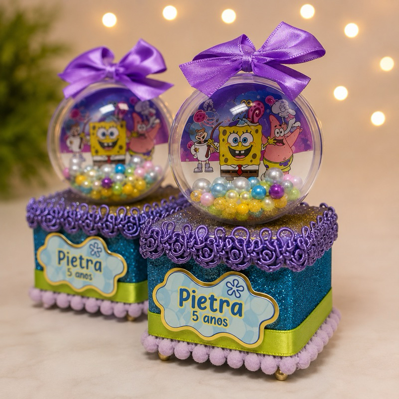 Caixinha Acrílica 6x6 Luxo com Esfera Personalizada BOB ESPONJA | Lembrancinha Festa Infantil
