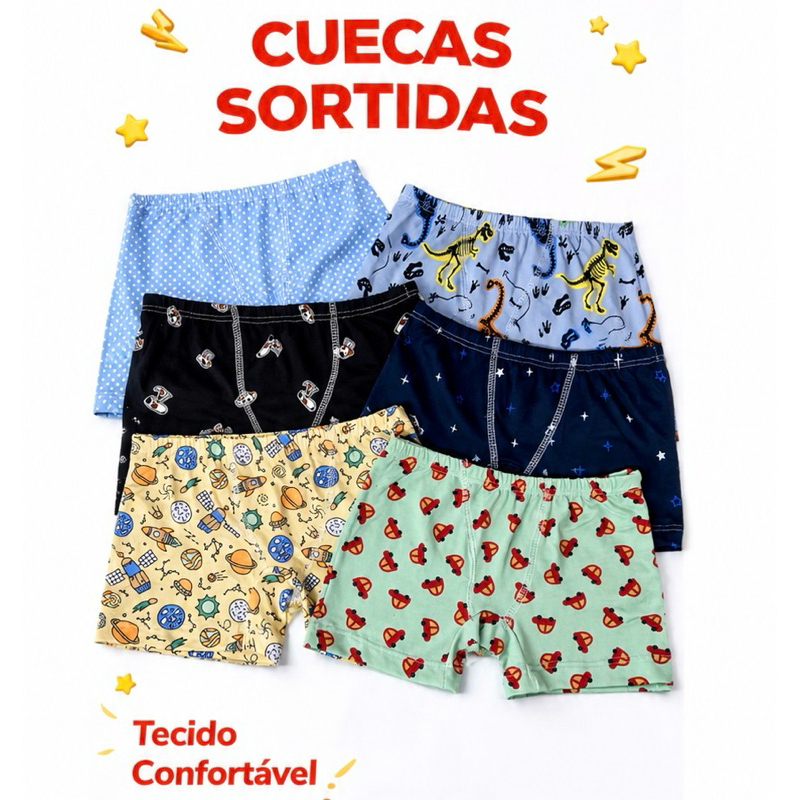 Kit 4 Cuecas Boxer Infantil Menino Algodão Confortável Estampas Sortidas P M G GG