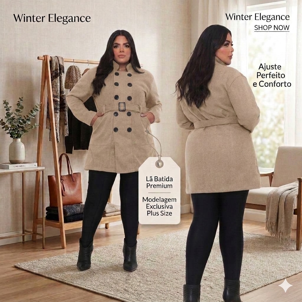 Sobretudo Casaco Feminino Plus Size Lã Batida Inverno Frio Cinto Ilustrativo não acompanha o produto