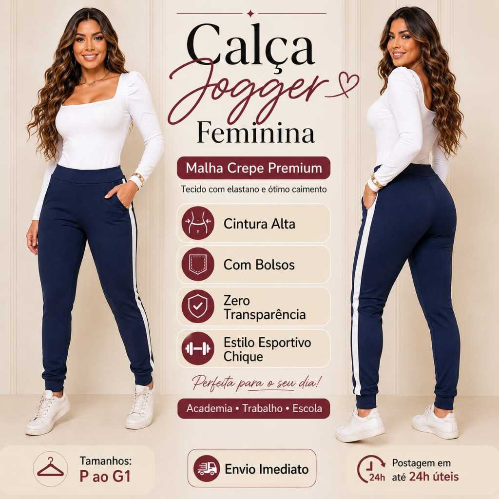 Calça Feminina Jogger Malha Crepe Trabalho Academia Escola  Listra Lateral -não fica transparente com bolso