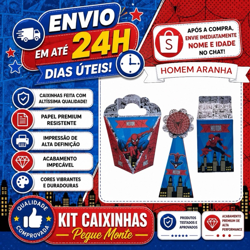 Kit Caixinha Personalizada -HOMEM ARANHA -  Lembrançinha Aniversario (Milk, Cone, Coração,) Lembrancinhas PEGUE MONTE