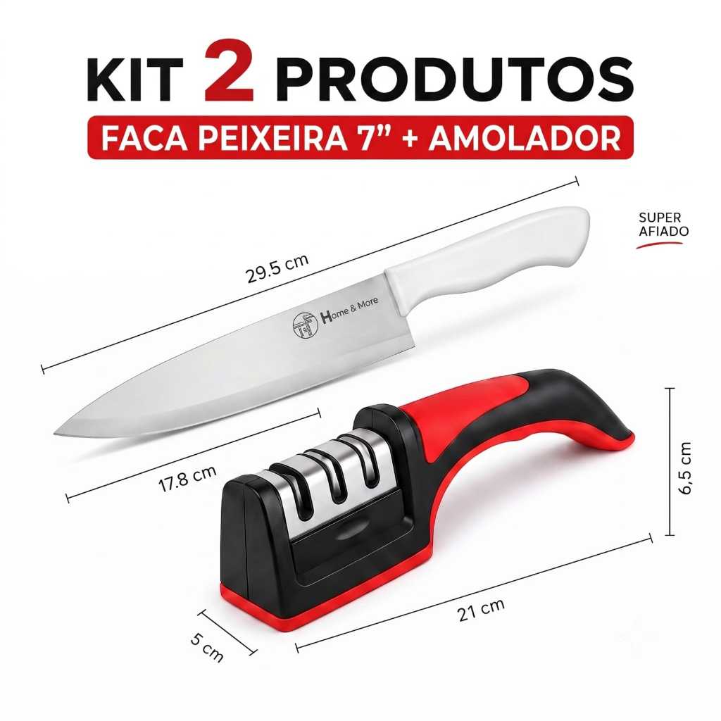 Kit Faca Cozinha + Amolador Profissional Inox  Corte Preciso Alta Durabilidade.