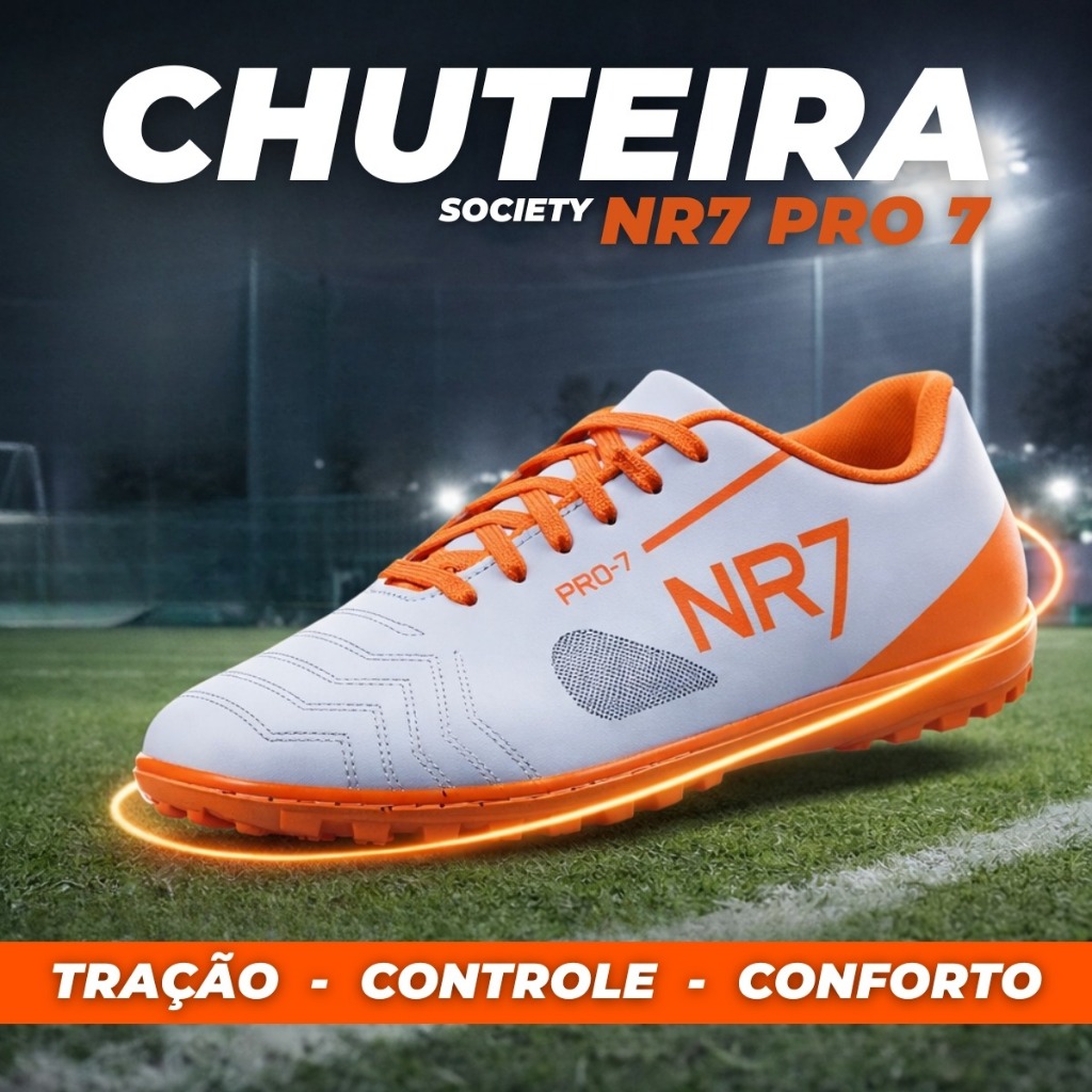 Chuteira profissional society costurada para grama sintetica leve e confortavel